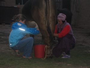Irisgul, Samat's sister, teaching my daughter to milk